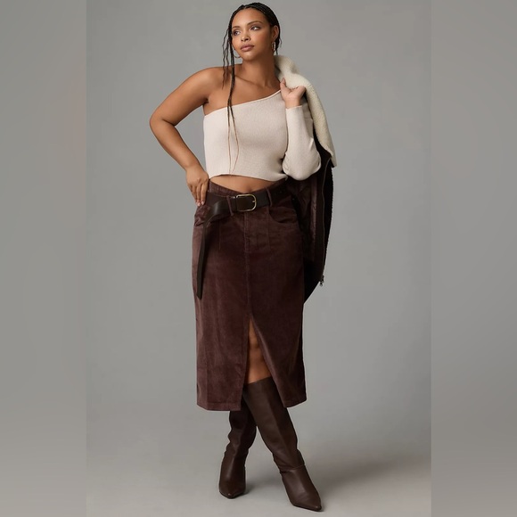 AnthropologiePilcro Double Waist Corduroy Midi Skirt Brown 10